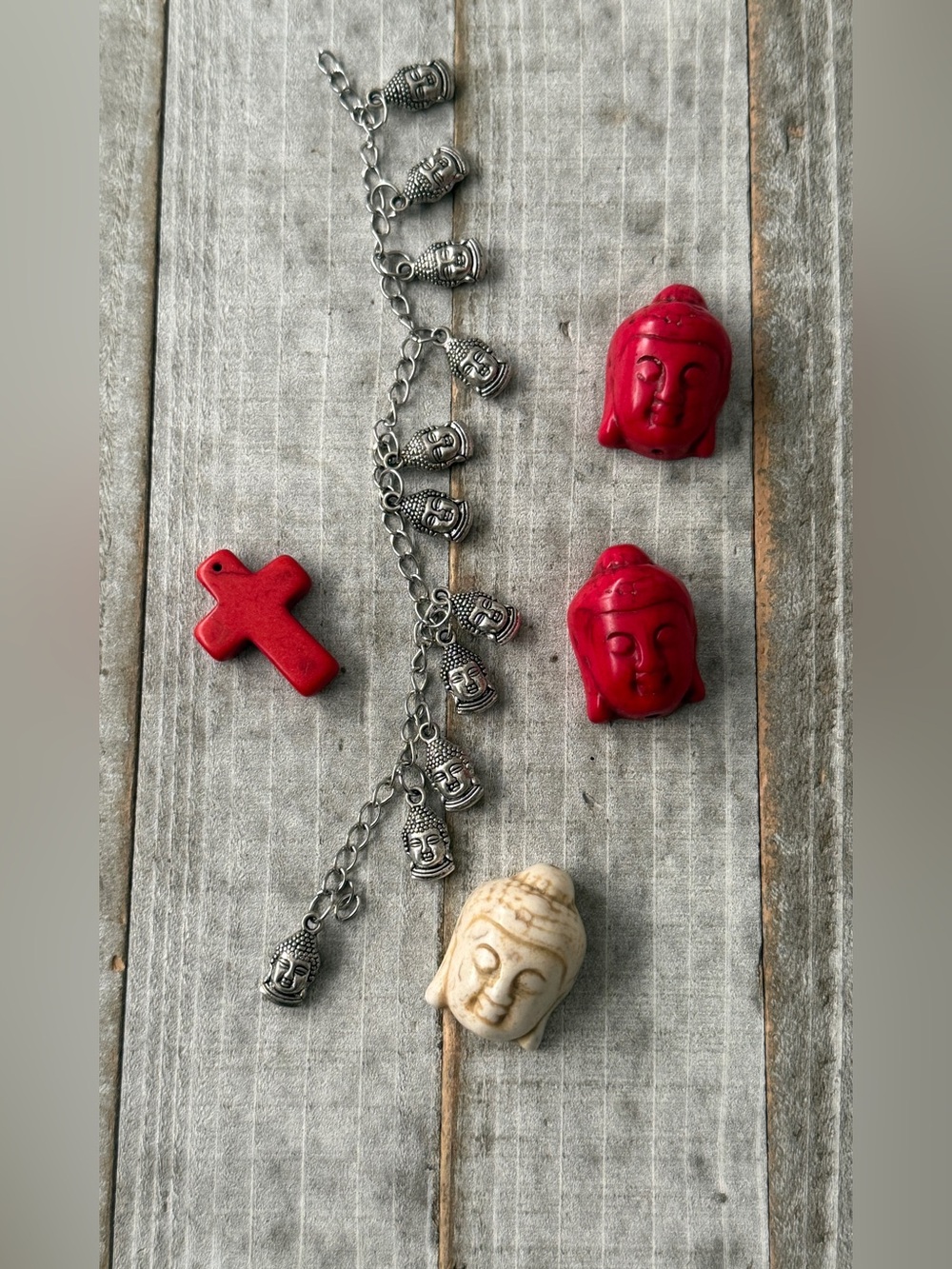 Decorative Red and Cream Buddha & Cross Accent Set by